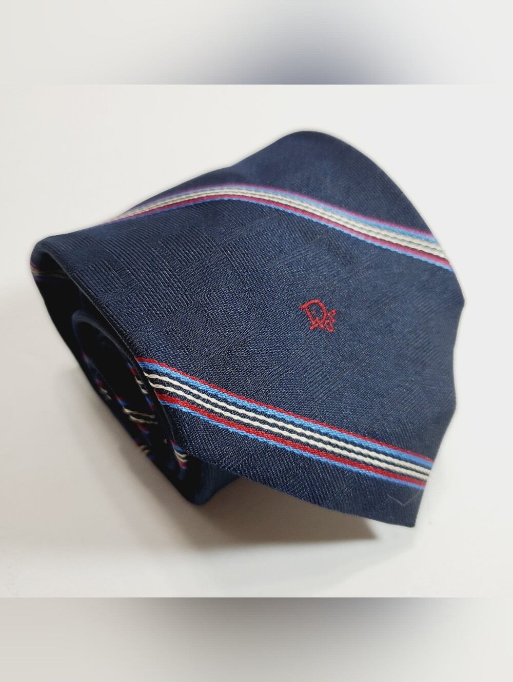 Dior Blue Stripe Pattern Men's Neck Tie Dior Logo on Blade Jacquard Fabric